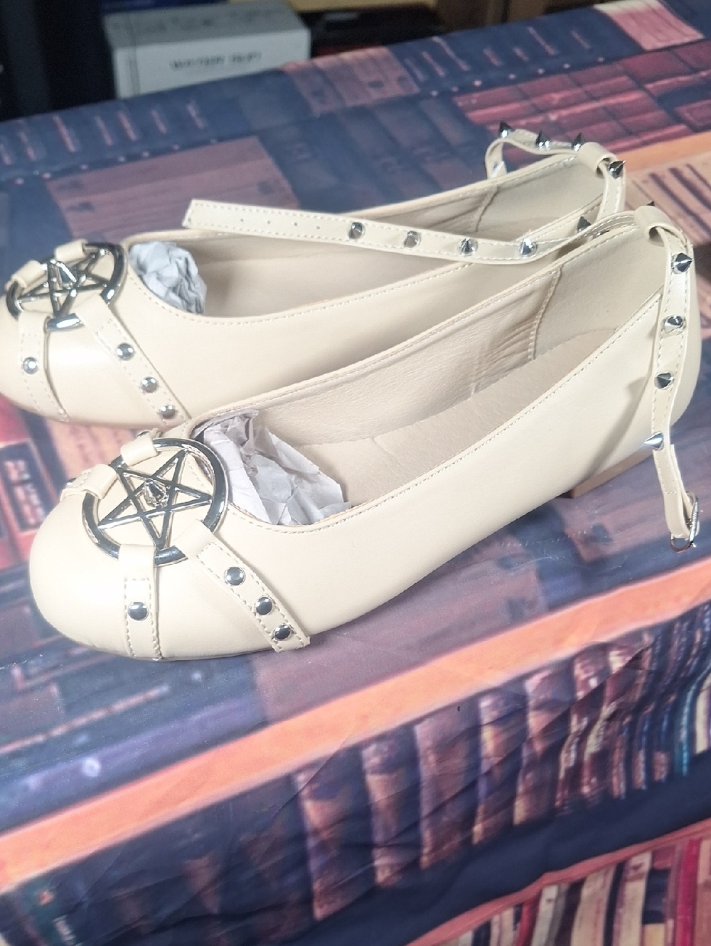 Women's Cream Ankle-Strap Ballet Flats with Stud Detail